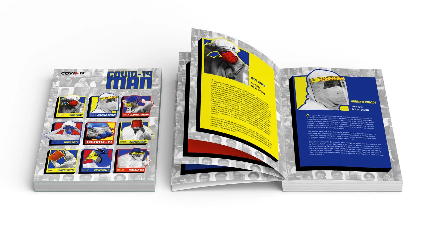 COVID-19 MAN book cover and editorial spreads
