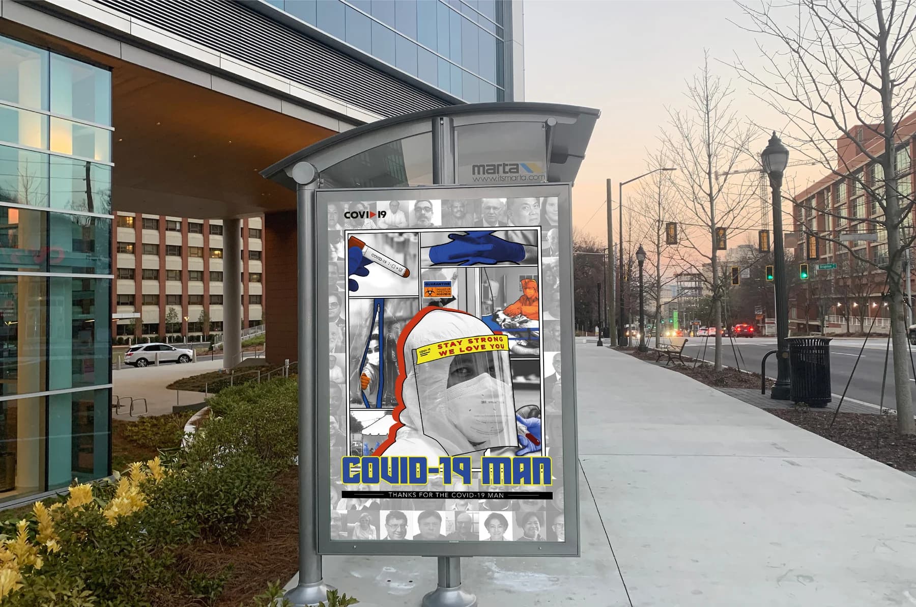 COVID-19 MAN campaign at a bus shelter