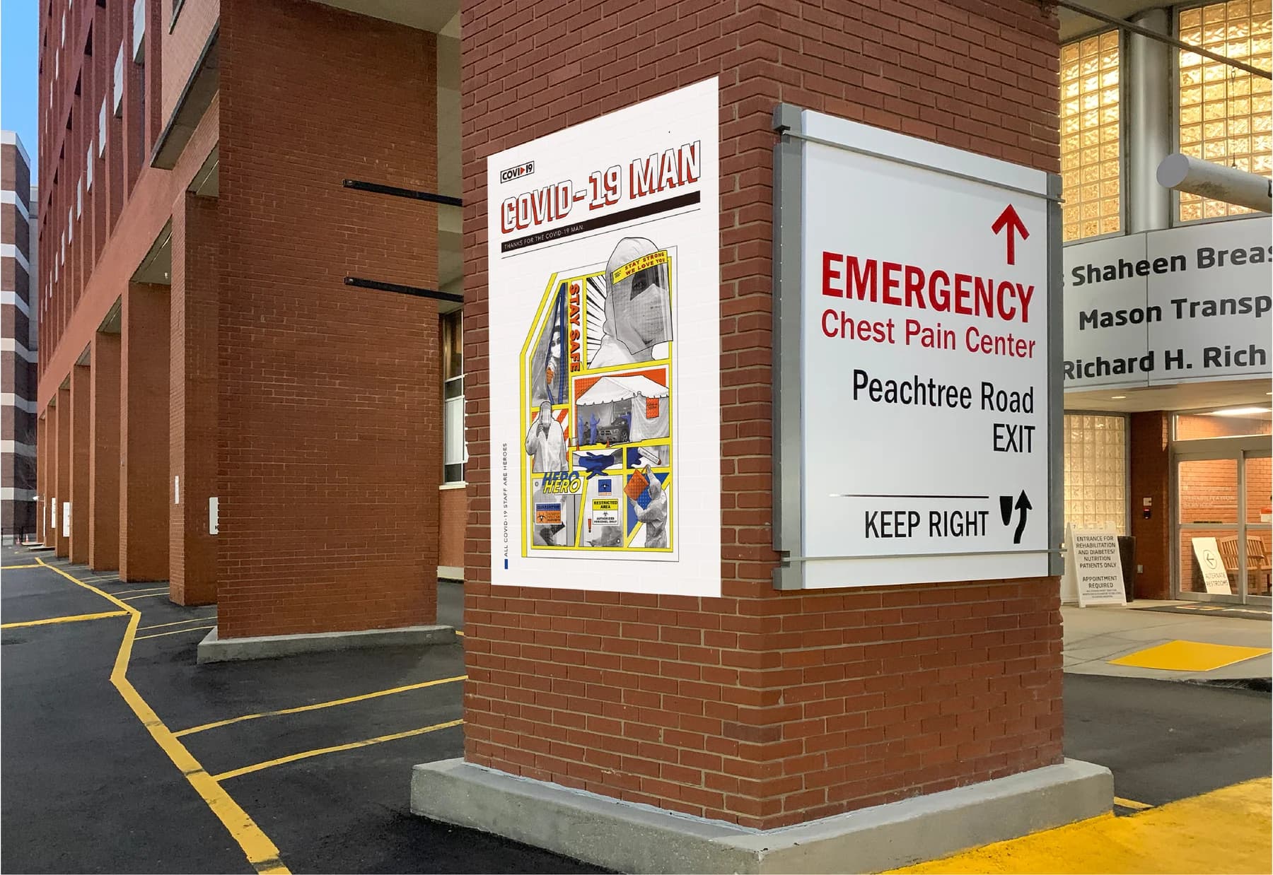COVID-19 MAN poster at a hospital entrance
