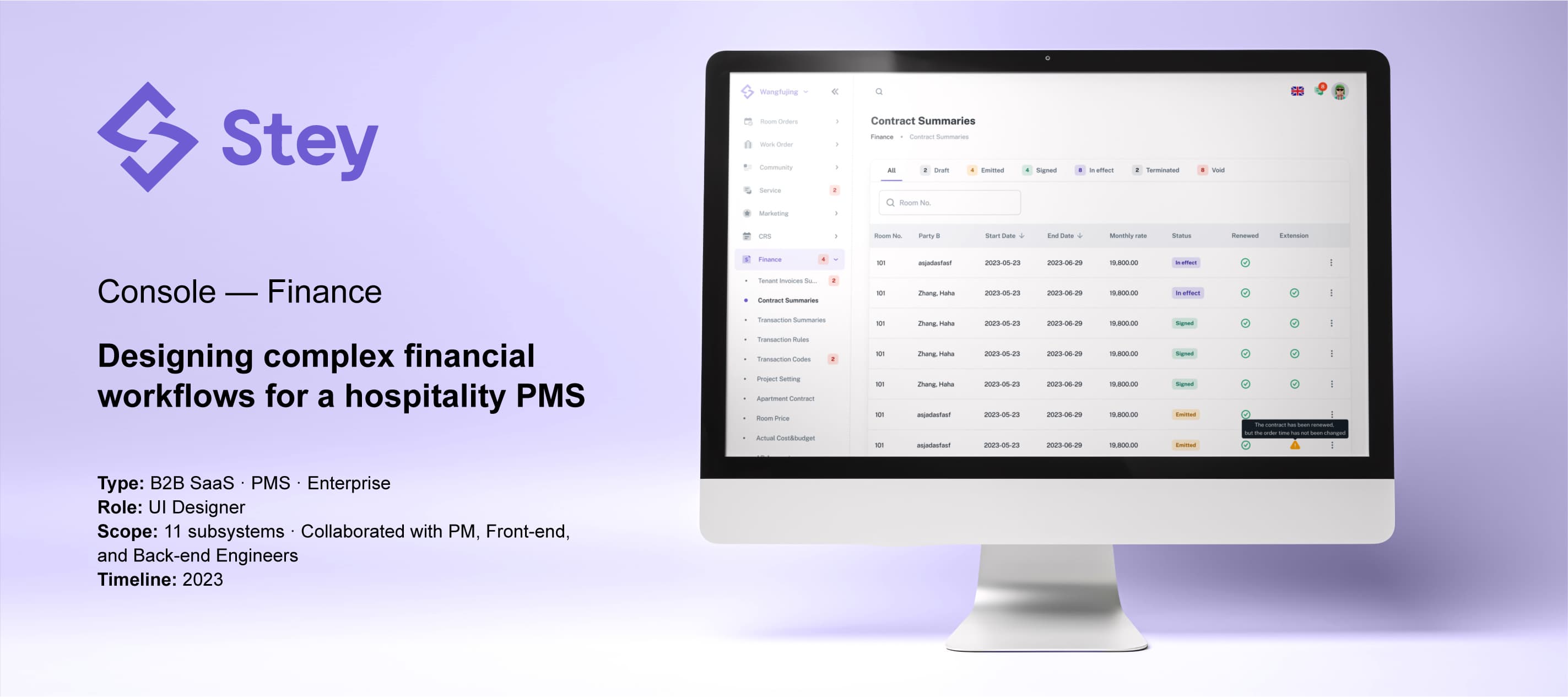 Stey Console — Finance module and contract summaries interface
