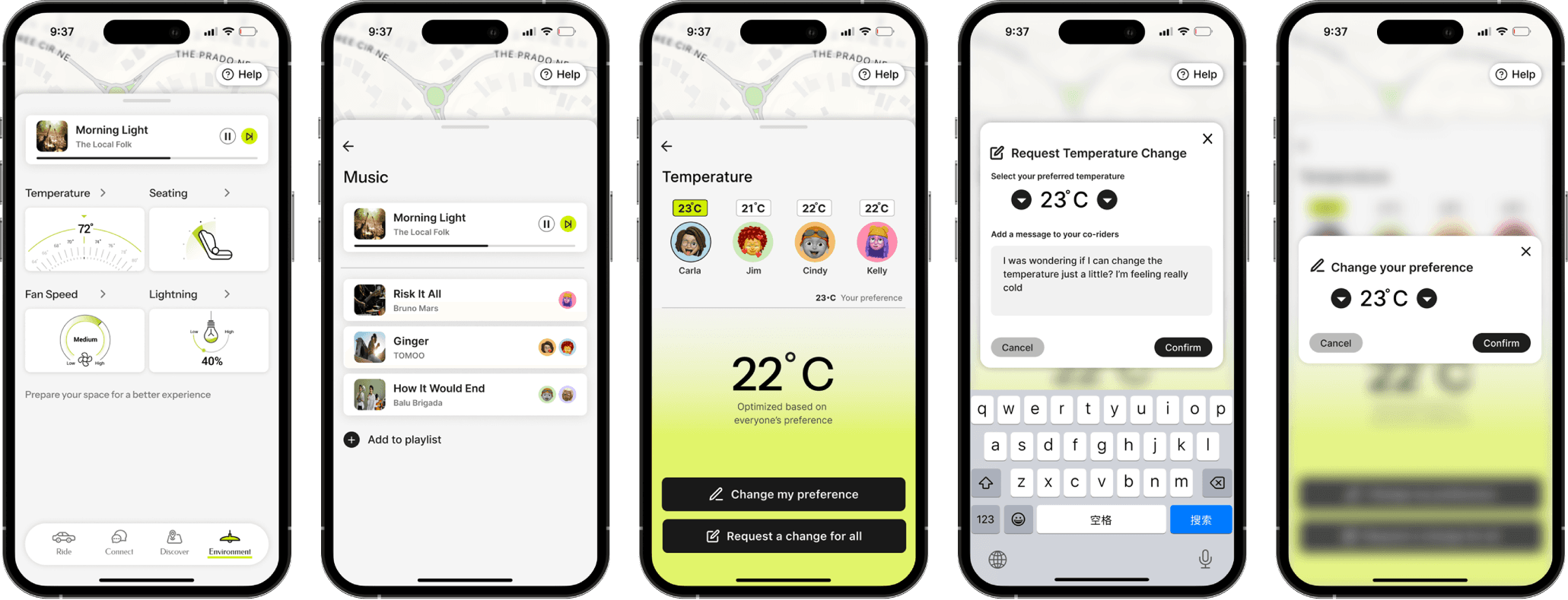 In-ride mobile experience · Rider controls and shared context