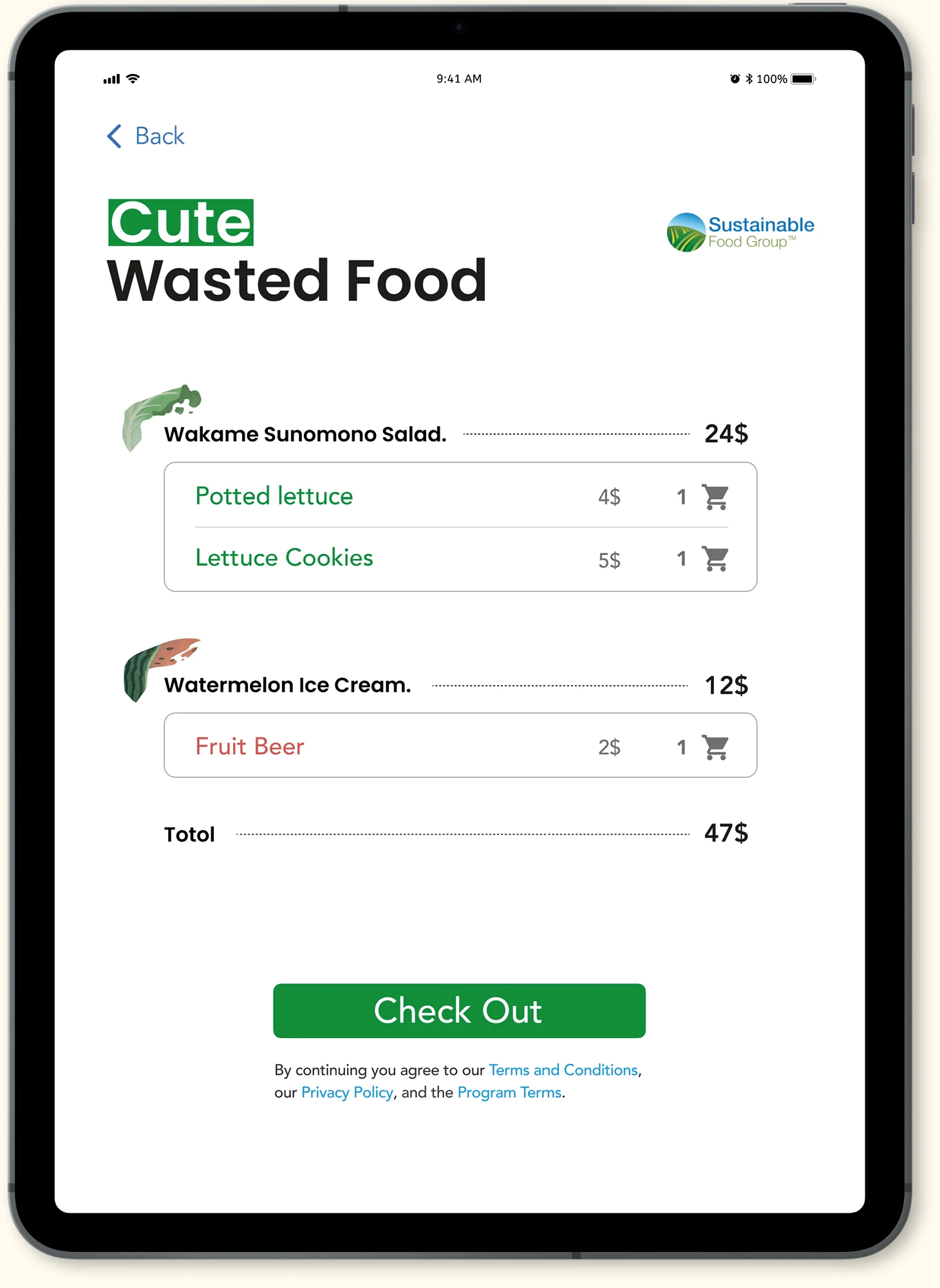 Checkout / Main dishes, related products, quantities, and total