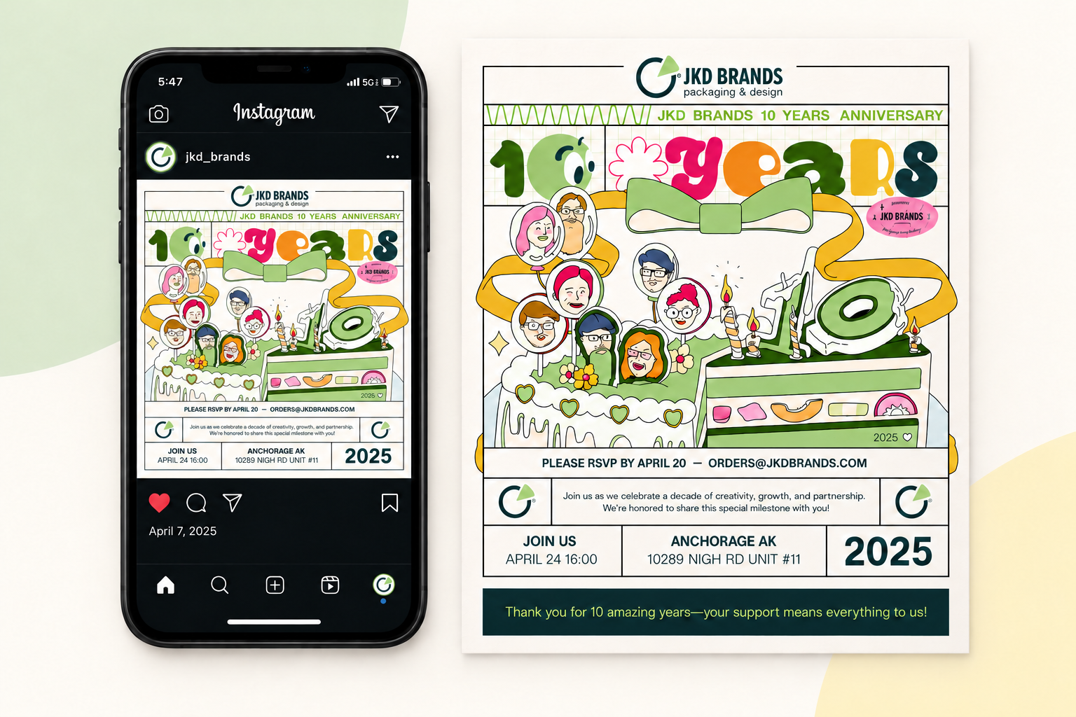 Social invitation shown in a phone beside the printed invitation